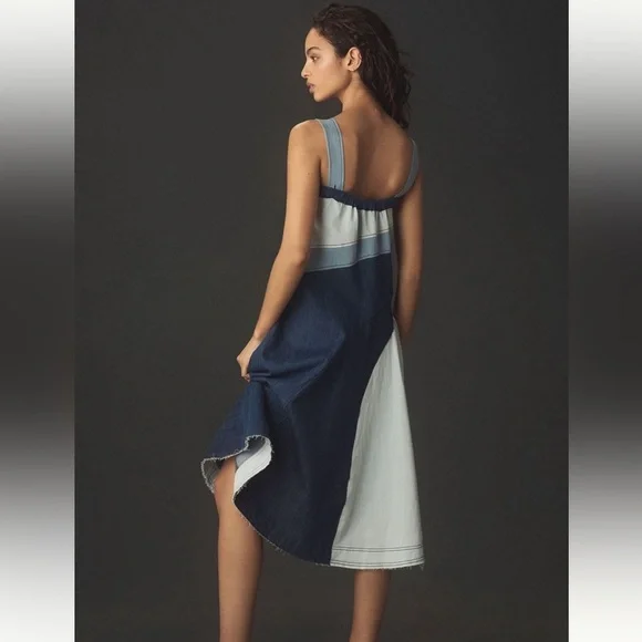 Pilcro by Anthropologie Seamed 100% Cotton Raw Hem Smocked Midi Dress-size small - Picture 3 of 14